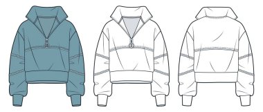 Yarı fermuarlı Sweatshirt teknik moda illüstrasyonu. Roll Neck Sweatshirt moda düz çizim şablonu, çiğ, büyük boy, ön ve arka görünüm, beyaz, mavi, kadın, erkek, unisex CAD model seti.