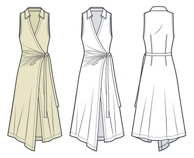 Kolsuz, kolsuz, yakalı ve kravatsız, teknik moda resimli. Drape midi Dress moda düz çizim şablonu, asimetrik kenar, ön ve arka görünüm, beyaz, sarı, kadın CAD model seti.