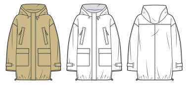 Parka Jacket teknik moda illüstrasyonu. Yağmurluk moda düz çizim şablonu, cepler, kaput, askı, büyük boy, ön ve arka görünüm, beyaz, deve kahverengisi, kadınlar, erkekler, unisex Outerwear CAD modeli.