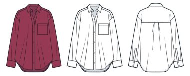 Büyük Yakalı Gömlek Teknik Moda Çizimi. Klasik Shirt moda düz çizim şablonu, düğmeler, cep, ön ve arka görüş, beyaz, bardo rengi, kadınlar, erkekler, unisex CAD model seti.