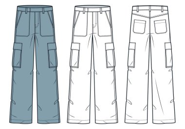 Kargo Pantolonu Teknik Moda İllüstrasyonu. Denim Pants moda düz çizim şablonu, cepler, ön ve arka görünüm, beyaz, mavi, kadınlar, erkekler, unisex CAD modeli.