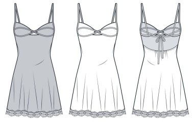 Lace Hem ve Crisscross Kayışları Teknik Moda İllüstrasyonu ile Kaçak Elbise. Büstiyer mini elbise düz çizim şablonu, önyargı kesimi, ön ve arka görüş, beyaz, gri, kadın CAD modeli.