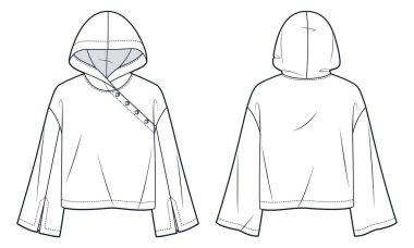 Geniş Kollu Kırpılmış Kapüşonlu Asimetrik Düğme Teknik Moda Çizimi. Kapüşonlu Sweatshirt moda düz çizim şablonu, ön ve arka görünüm, beyaz, kadın, erkek, unisex CAD modeli.