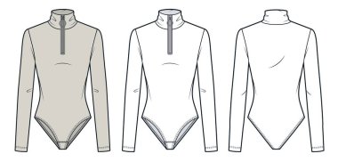 Uzun kollu, sahte boyunlu ve yarım fermuarlı Teknik Moda İllüstrasyonlu bir vücut. Mayo moda düz çizim şablonu, dar kesim, ön ve arka görünüm, beyaz, bej, kadınlar, erkekler, unisex CAD modeli..