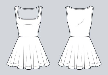 Teknik Düz Çizimli Patenci Elbisesi. Square Neck mini elbise düz teknik çizim şablonu, parlak, kolsuz, forma, ön ve arka görüş, beyaz, kadın CAD modeli.