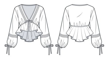 Boho Ruffle Bluz Moda Çizimi. Balon Kollu Üst Moda Tekniği Şablonu, v yaka, kravat, peplum, ön ve arka görünüş, beyaz, kadın CAD modeli.