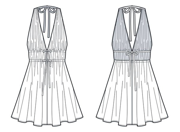 Халтер Шея Мини платье моды технический эскиз. Drapped Платье моды плоский технический рисунок шаблон, галстук, без спины, без рукавов, вид спереди и сзади, белый, женщины CAD макет.