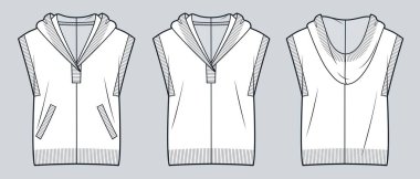 Kolsuz Kapüşonlu Yelek Teknik Çizim. Kapüşonlu Sweatshirt moda düz çizim şablonu, ön ve arka görünüm, beyaz, cepler, kadınlar, erkekler, unisex CAD modeli.