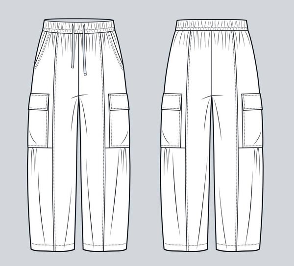 Cargo Pants with Elastic Waistband and Drawstring Technical Fashion Illustration. Wide Leg Pants fashion flat technical drawing template, pockets, loose fit; front and back view, white, women, men, unisex CAD mockup.