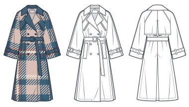 Trençkot Teknik Moda İllüstrasyonu. Raglan Coat moda tasarımı düz çizim şablonu, midi, kemer, çift göğüslü, yan kesikler, cepler, ön, arka görünüş, beyaz, ekose tasarım, kadınlar, erkekler, unisex CAD modeli.