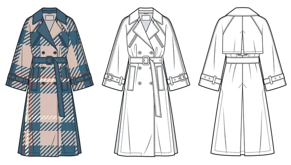 Trençkot Teknik Moda İllüstrasyonu. Raglan Coat moda tasarımı düz çizim şablonu, midi, kemer, çift göğüslü, yan kesikler, cepler, ön, arka görünüş, beyaz, ekose tasarım, kadınlar, erkekler, unisex CAD modeli.
