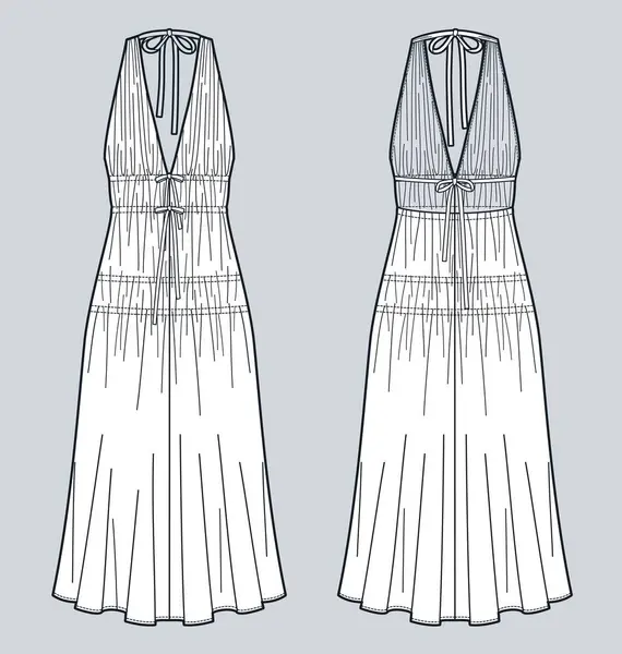 Derin V Boyun Teknik Moda İllüstrasyonlu Halter Elbisesi. Drapped Midi Elbise Düz Teknik Şablon, toplanan, kravat, sırt, ön ve arka görünüm, beyaz, kadın CAD modeli.