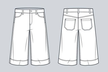 Bermuda Denim Shorts Technical Flat Sketch. Knee Length Short Pants fashion flat technical drawing template, pockets, front and back view, white, women, men, unisex CAD mockup.