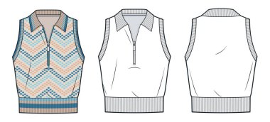 Yarı fermuarlı polo süveter yelekli teknik moda tasviri. Polo Shirt moda düz çizim şablonu, kolsuz, zigzag desenli, rahat formda, önden ve arkadan görünüşlü, beyaz, kadın, unisex CAD model seti.