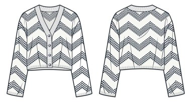 Örgü Cardigan teknik moda illüstrasyonu. V yaka süveter moda tasarımı, kırpılmış, düğmeler, gevşek format, ön ve arka görüş, geometrik model, kadınlar, erkekler, unisex Top CAD modeli.