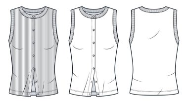 Kolsuz Düğmeli Kadın Üst Teknik Moda İllüstrasyonu. Tank Top moda düz çizim şablonu, ön ve arka görünüm, beyaz, tırtıklı, kadınlar, erkekler, unisex CAD model seti.