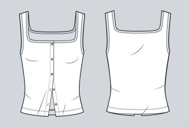 Kare boyunlu Kadınlar En İyi Teknik Moda İllüstrasyonu. Tank Top moda düz çizim şablonu, ön ve arka görünüm, beyaz, kolsuz, düğmesiz, kadın CAD modeli.