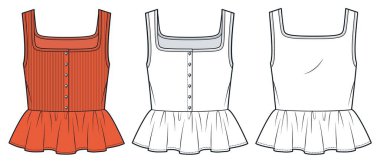 Kare Boyun Ruffle Üst Teknik Moda İllüstrasyonu. Jersey Top ile poplin Peplum moda düz çizim şablonu, ön ve arka görünüm, beyaz, turuncu, kadın CAD model seti.