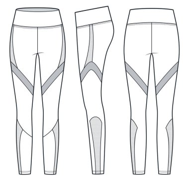 Renk engelli taytlar, ağ örgüsü, teknik moda illüstrasyonu. Sports Leggings Pants moda düz çizim şablonu, yüksek katlı, önden, yandan ve arkadan, beyaz, gri, kadın, erkek, unisex CAD modeli.
