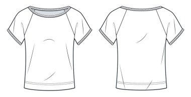 Dantelli kısa kollu kadın tişörtü teknik moda illüstrasyonlu. Raglan Kollu Üst Moda Düz Teknik Çizim Şablonu, Önden ve Arkadan Görünüm, Beyaz, Kadın CAD Model.