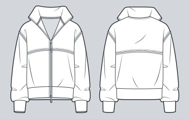 Çiğ kenarlı fermuarlı kazak ve yüksek yakalı teknik moda illüstrasyonu. Sweatshirt moda düz çizim şablonu, yüksek yaka, büyük boy, ön ve arka görüş, beyaz, kadın, erkek, unisex CAD modeli.