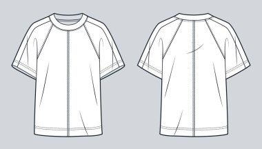 Büyük boy Raglan Kollu Tişört Teknik Moda Listelendirmesi. Tee Shirt moda düz çizim şablonu, ön ve arka görünüm, beyaz, rahat boyun, kadın, erkek, unisex Top CAD modeli.