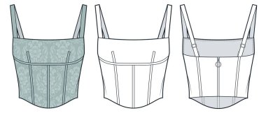 Korseli Kadın Teknik Moda Çizimi. Strap Top moda düz çizim şablonu, arka fermuar, ayarlanabilir kayışlar, ön ve arka görünüm, beyaz, yumuşak deniz mavisi, barok süsü, kadın Top CAD model seti.