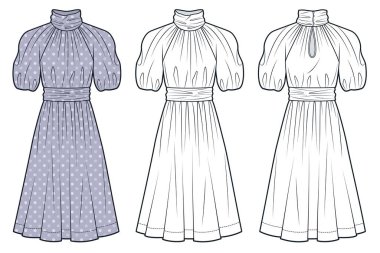 Midi Elbise Teknik Moda Çizimi, Benekli Tasarım. High Neck Modeli Düz Teknik Şablon, Kabarık Kollu, Ön ve Arka Görünüm, Beyaz, Leylak, Kadın Giysi Moda Moda Moda Moda Moda Moda Moda Moda Moda Modeli.