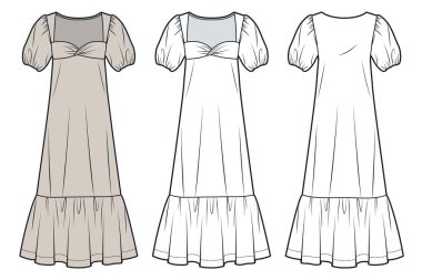 Kabarık Kollu İmparatorluk Beli Teknik Moda Çizimi. Ruffle hem elbise düz teknik çizim şablonu, tvist büstiyer, rahat uyum, ön ve arka görüş, beyaz, bej, kadın CAD model seti.