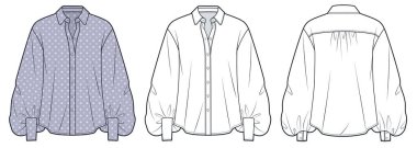Gevşek düğmeli bluz, teknik moda illüstrasyonu, polka nokta tasarımı. Kabarık kollu bluz düz teknik çizim şablonu, kelepçe, ön ve arka görüş, beyaz, leylak, kadın Üst CAD modelleme seti.
