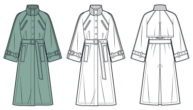 Yüksek Yakalı Trenç Ceket ve Teknik Moda İllüstrasyonu. Raglan Kollu Trenç Uzun Ceket Düz Teknik Şablon, geniş kollu, cepli, kaburga yakalı, önden ve arkadan görünüşlü, beyaz, yeşil, kadınlar, erkekler, unisex CAD model seti.