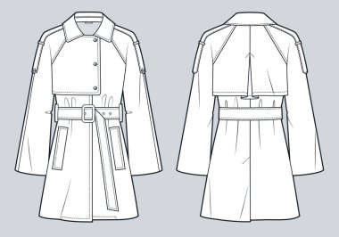 Trençkot Teknik Moda İllüstrasyonu. Raglan Kollu Ceket moda düz çizim şablonu, mini boy, kemer, geniş kol, cepler, ön ve arka görüş, beyaz, kadın, erkek, unisex CAD modeli.