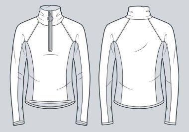 Half Zip boynunuzla alay edin. Top Top Teknik Moda İllüstrasyonu. Raglan Kollu Gömlek düz teknik çizim şablonu, ön ve arka görünüm, iki ton, kadınlar, erkekler, unisex CAD modeli.