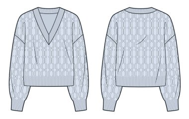 Gevşek V-Neck Kazak Teknik Moda Çizimi. Kablolu örgü Jumper moda düz çizim şablonu, ön ve arka görünüm, mavi, kadın, erkek, unisex CAD modeli.
