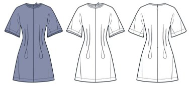 Kadınlar, Prenses Dikişleri Teknik Moda İllüstrasyonuyla Kimono Kollu Elbise Giyiyorlardı. Mini Elbise Düz Teknik Şablon, mürettebat boyun, arka fermuar, ön ve arka görünüm, beyaz, leylak, kadın CAD model seti.