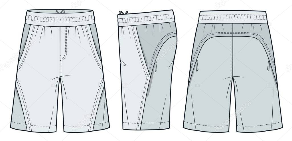 Colorblock Drawstring Sport Shorts Technical Fashion Illustration. Jogger Short Pants fashion flat technical drawing template, front, side and back view, front and side pockets, grey, women, men, unisex CAD mockup.