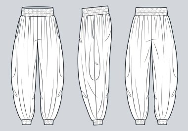 Elastik Belli Balon Pantolon ve Kelepçe Teknik Moda Çizimi. Harem Pants moda düz çizim şablonu, büyük boy, cepler, ön, yan ve arka görünüm, beyaz, kadın, erkek, unisex CAD modeli.