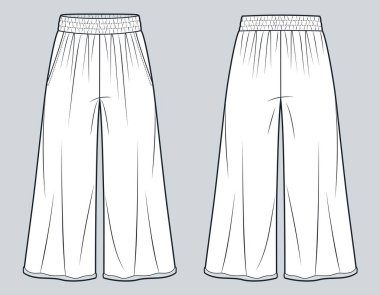 Elastik Bel Bel Bantlı Geniş Pantolon Teknik Moda Çizimi. Koşu Pantolonu Moda Düz Teknik Şablonu, Çiğ Etek, Cepler, Rahat Fit, Ön ve Arka Görünüm, Beyaz, Kadınlar, Erkekler, Unisex CAD.