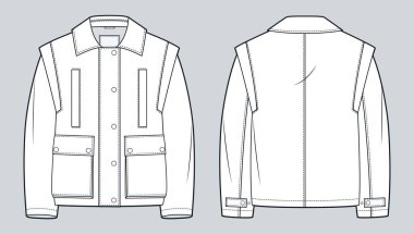Patch Pockets Teknik Moda Skeç 'li Utility Jacket. Bombacı ceketi moda düz çizim şablonu, rahat fit, ön ve arka görünüm, kadınlar, erkekler, unisex Outerwear CAD modeli.