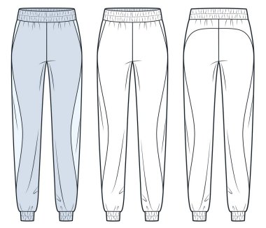 Elastik kemerli Koşu Pantolonu ve Teknik Moda İllüstrasyonlu Kelepçeler. Jersey Pants teknik moda Illustration, cepler, elastik bel, ön ve arka görüş, beyaz, mavi, kadın, erkek, unisex CAD modelleme seti.