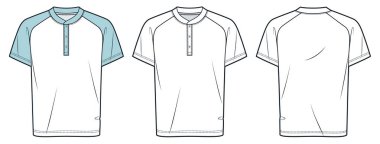 Henley tişörtü düz moda eskizi. Raglan Kollu Tişört düz teknik çizim şablonu, ön ve arka görüş, beyaz, mavi, düğme plaketi, kadınlar, erkekler, unisex Top CAD modeli.