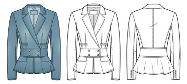 Kadınlar peeron desenli düz çizim ile Blazer 'ı terziye diktiler. Denim Jacket moda düz çizim şablonu, monte, düğmeler, ön ve arka görünüm, beyaz, klasik mavi, kadın CAD modeli.