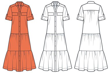 Düz etekli kadın gömleği desenli düz çizim. Uzun Elbise Düz Teknik Çizim Şablonu, Düğmeleri ilikli, Kısa Kollu, Ön ve Arka Görünüm, Beyaz, Turuncu Renkli, Kadın CAD Model.