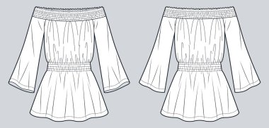 Omuzdan Çıkan Kadınlar Mini Elbise Düz Çizim. Smocket Dress moda düz çizim şablonu, düşük bel, kıvrık kol, ön ve arka görüş, beyaz, kadın CAD modeli.