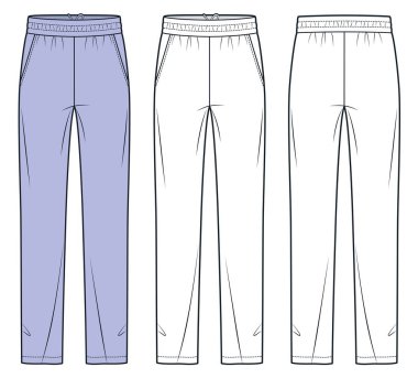 Düz bacak pantolonu, elastik kemer ve çizgili teknik moda illüstrasyonu. Koşu Pantolonu Moda Düz Teknik Şablonu, ön ve arka görünüm, Beyaz, eflatun, Cepler, Kadınlar, Erkekler, unisex CAD modeli.