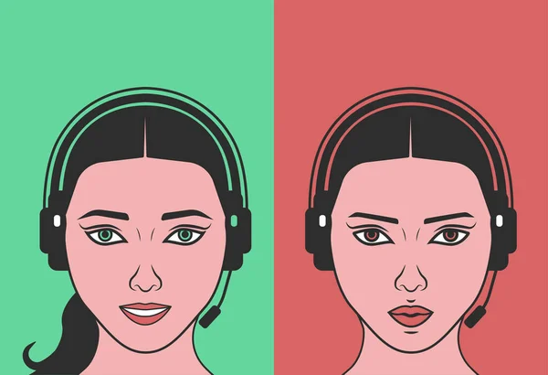 Set avatar of woman call centre operator with headset. Woman operator in headphones with microphone on a red and green background. Operator tired, angry, red eyes. Operator smiling, happy to help
