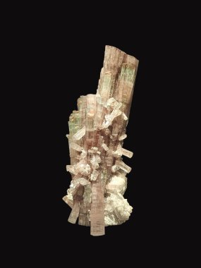 A close-up view of Elbaite crystal mineral specimen showcasing its elongated, prismatic crystals in a range of colors from pale pink to light green, set against a dark background clipart