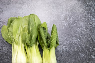 Taze Organik Pak Choi, Bok Choy, Çin lahanası, Çiğ Doğal Sağlıklı Sebze Gri Granit Masada Yatıyor, Düz Yat Yat, Top View. Asya mutfağı. Yatay Düzlem, Metin için Boşluğu Kopyala.