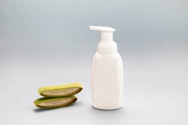 Yeşil Aloe Vera Dilimleme Beyaz Dispenser Şişe, Gri Arkaplanda Plastik Tüp. Hijyen, Kozmetik Güzellik Ürünleri, Yıkama, Temizleme Özel Jeli, Köpük. Günlük Vücut Bakımı. Yatay.