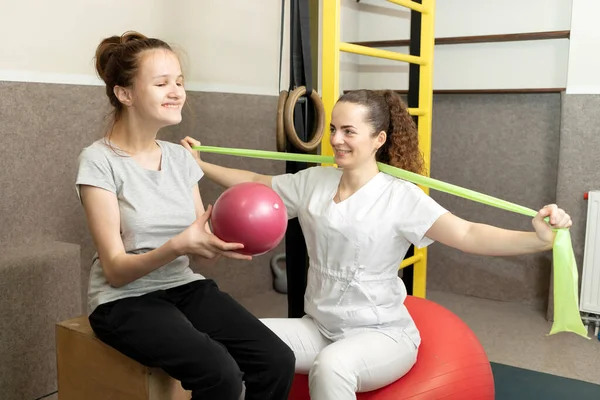 Smiling Child Teenage Girl Disability Does Physical Exercises Support Rehabilitation Stock Picture
